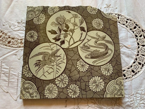One Reclaimed Antique 8" x 8" Victorian Nature Pictorial Encaustic Tile (EBZ195) Cover