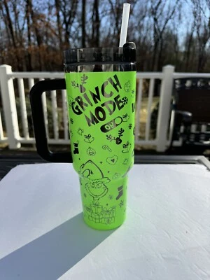 40oz Insulated Christmas Neon Grinch Tumbler Laser Engraved -  IN MY GRINCH ERA - Image 1 of 4