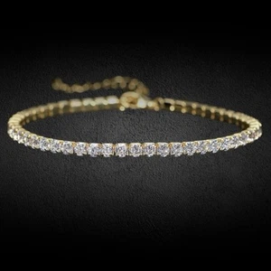 Tennis Bracelet Real 14ct Gold on 925 Sterling Silver 48x 3mm Claw Set Stones - Picture 1 of 4
