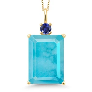 18K Yellow Gold Plated Silver Green Turquoise and Created Sapphire Pendant - Picture 1 of 4