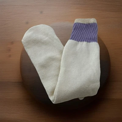 VTG Womens Socks Ivory Baby Purple Striped 9-11 Acrylic Tube NOS 80s USA Made - Image 1 of 4