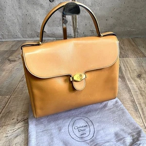 Authentic Christian Dior Cd Logo Leather Handbag Mini Tote Bag Camel Brown Old - Picture 1 of 10