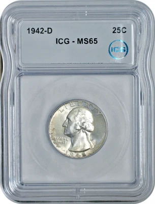 Moeda de 25 centavos de prata 1942-D Washington ICG MS65 gema não circulada - Imagem 1 de 3