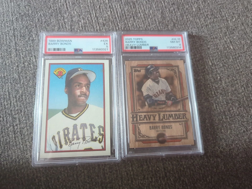 2025 Topps Barry Bonds madera pesada PSA 8 con un Bowman Bonds 1989 como lanzamiento Foto 1 de 1
