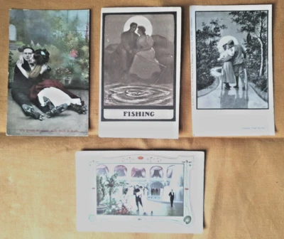 4 Antique  Edwardian  Romantic Couples Postcards Skating Cycle Fishing - Image 1 of 4