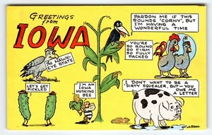Grüße aus Iowa Postkarte Anthopomorphe Gurken Krähe Schwein Leinen EG Kropp - Bild 1 von 2