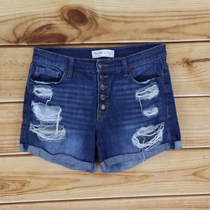 Mudd Jean Shorts Distressed High Rise Midi Juniors Sz 9 Blue Stretch Button-Fly - Picture 1 of 7