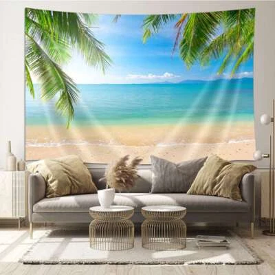 Extra Large Tapestry Wall Hanging Nature Beach Leisurely Blue Sky Mountain Sea - Image 1 of 4