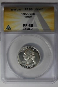 1955 .25 ANACS PF66 CAMEO PROOF Washington Quarter, Silver 25 Cents - Picture 1 of 2