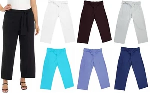 Womens Linen Blend Straight Leg Trouser Plain Front Back Elastic Waist Belt - Picture 1 of 14