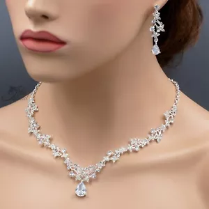Conjunto de joyas de boda nupcial circonita cúbica collar pendientes tono plata mujer 80 - Imagen 1 de 8