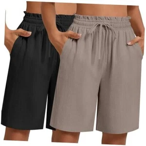 2 Pcs Women's Linen Summer Shorts Casual Bermuda Wide Leg Large Black, Coffee - Picture 1 of 7