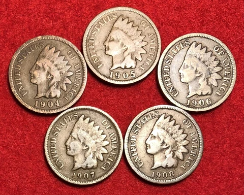 (5) Vintage Indian Head Pennies 1 Cent US Coins Penny Lot 1900s Good or Better! Cover