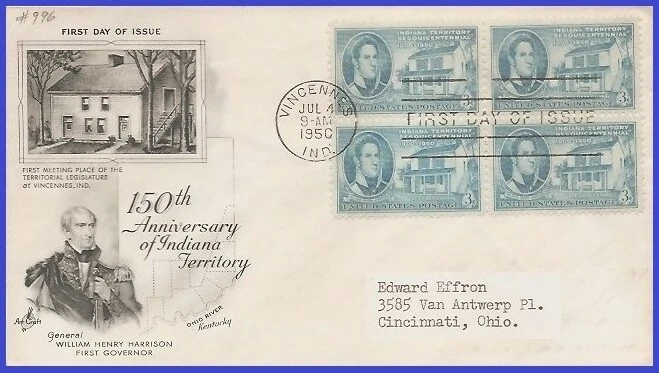 USA4 # 996 ADDR ARTCRAFT FDC BL4  Indiana Territory - Image 1 of 1