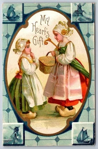 Clapsaddle Valentine~Lil Dutch Girls w/Basket Gift~Blue Delft Tiles~Gold Leaf - Picture 1 of 2