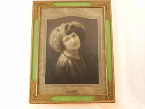 Brass / Green Glass Filigree Picture Frame w Stand 14" x 11" Antique Woman Photo - Picture 1 of 18