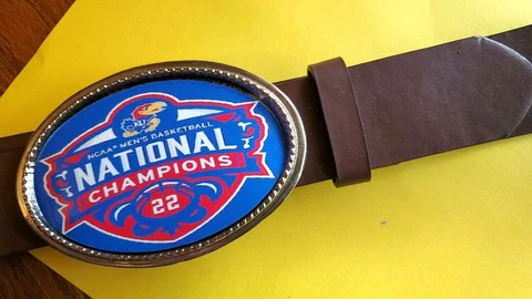 KANSAS JAYHAWKS 2022 NCAA Championship Epoxy Buckle & Brown Bonded Leather Belt Cover