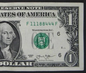 2013 $1 (ONE DOLLAR) - NOTE - FANCY SERIAL NUMBER - TRINARY - "111 88 444" - Picture 1 of 3