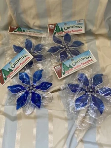 Set 4 VTG Blue Poinsettia Plastic 3D Hanging Ornaments - Picture 1 of 5