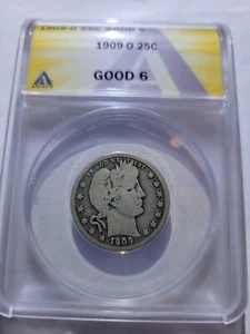 1909-O Barber Quarter Semi-key Low mintage ANACS G-6 - Picture 1 of 2