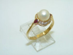 14k Yellow Gold Diamond Pearl and Ruby Ring - Picture 1 of 6