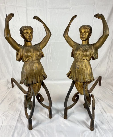 Exquisite Pair of 19th Century Gilt Bronze Figural Andirons, Ancient Greek Women Cover