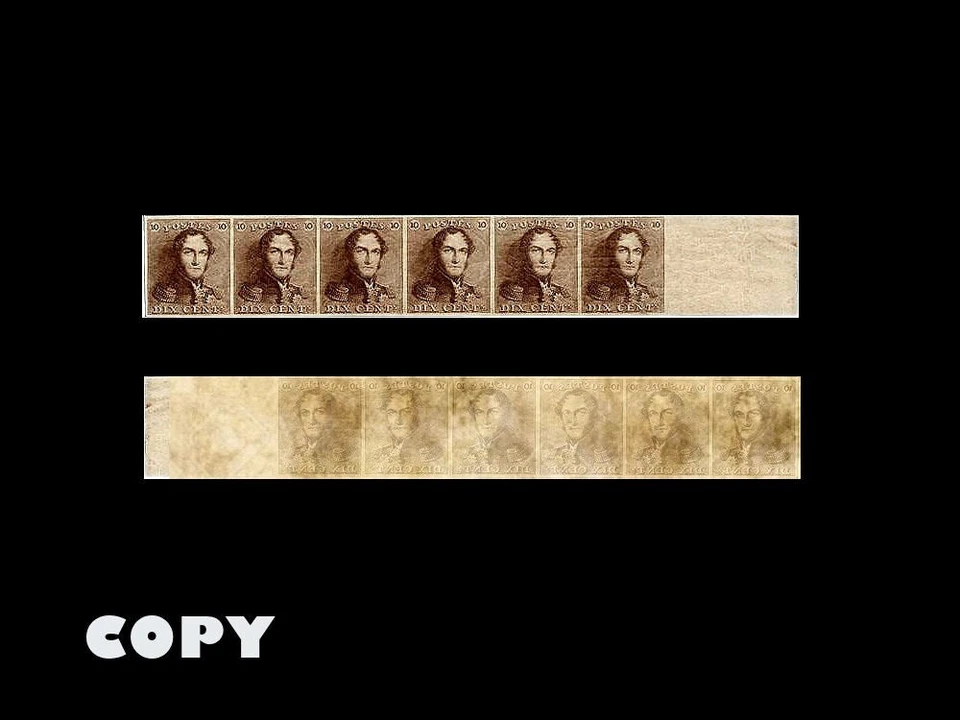 BELGIIUM 1849 KING LEOPOLD I DIX CENTS TRIP OF 6  USED REPRODUCTION - Image 1 of 1