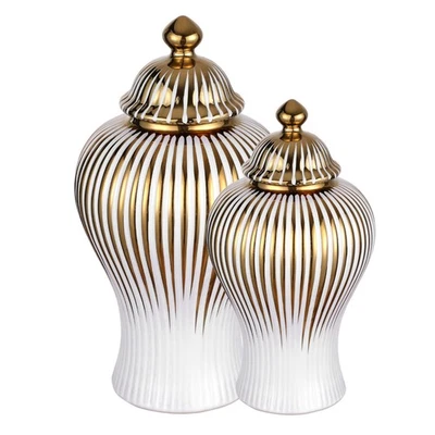 16.5"Handmade Ginger Jar Modern White Gold Decorative Flower Ceramic Vase w/ Lid - Image 1 of 4