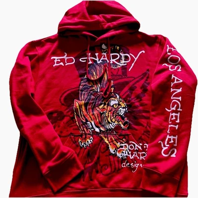 Ed Hardy Crawling Tiger 🐅 Pullover Rojo Tatuaje 🔥Sudadera con Capucha Para Hombre Grande Nueva Con Etiquetas Foto 1 de 4