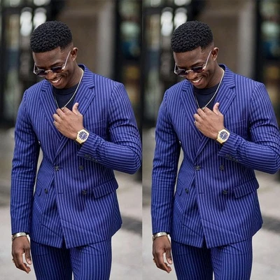 Trajes de hombre a rayas azules doble botonadura formal negocios boda novio esmoquin Foto 1 de 4