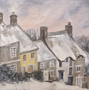 Original oil painting winter landscape snowy cityscape oil town8x8" - Picture 1 of 11