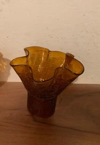 MCM Amber Brown Crackle Glass Lamp Shade(s) Hand Made Ruffled Edge 6 1/2 x 3 - Picture 1 of 10