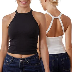 Women's 2 Pack Crop Tops with Built-in Bra Halter Neck Basic Camisole Tops Bl... - Picture 1 of 6