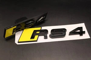 Gloss Black Yellow RS4 Front Grille Stick-On & Rear Boot Badge Set Fit For AUDI - Picture 1 of 9