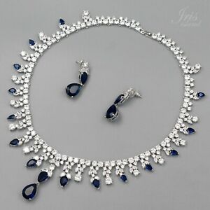 Women Blue Cubic Zirconia Jewelry Set Bib Necklace Earrings White Gold Plated 29