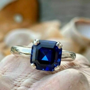 3.Ct Asscher Cut Lab-Created Blue Sapphire Engagement Ring 14K White Gold Plated - Picture 1 of 6