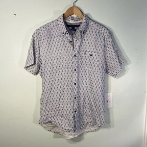 Tommy Hilfiger Mens 100% Linen Shirt Size M Button Up Short Sleeve Blue Print - Picture 1 of 9