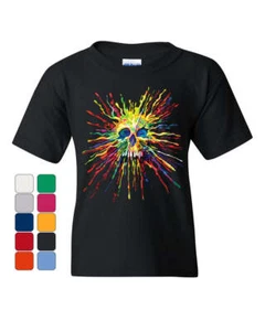 Paint Splatter Skull Youth T-Shirt Multicolor Art Crazy Melting Drip Kids Tee - Picture 1 of 8