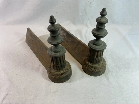 Pair Of Andirons Fireplace Antique Iron And Brass Cover