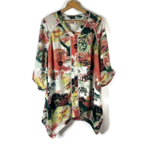 Top túnica Melissa McCarthy para mujer talla 1X blanco graffiti cuello en V dobladillo asimétrico - Imagen 1 de 10