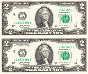 Pair of 2017A $2 Uncirculated Banknotes - Fr. 1941-L - Consecutive Serial #s - Picture 1 of 5