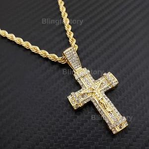 Hip Hop Iced Jesus Body Cross Pendant & 4mm 24" Rope Chain Fashion Necklace - Picture 1 of 14