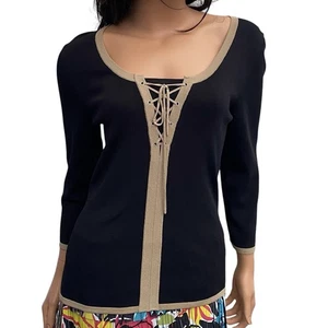 Damen Pullover Oberteil Gr. M schwarz hellbraun Schnürung Stretch Freizeit Bluse Shirt Zopfmuster & - Bild 1 von 8