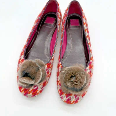 Coach A2053 Hecho en Italia Tweed Piel Pom Ballet Planos Talla 10 Suela de Cuero Foto 1 de 4