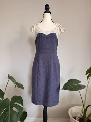 Vestido Rebecca Taylor Lino Algodón Azul Blanco Seda Top Talla 8 Manga Corta Foto 1 de 4