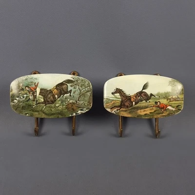 Pair Of Brass Coat Hangers With Vintage English Hunting Scene From The 60s - Image 1 of 4