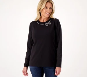 Isaac Mizrahi Live! Women's Top Sz XL Rhinest Embellished Crew Black A556535 - Picture 1 of 6