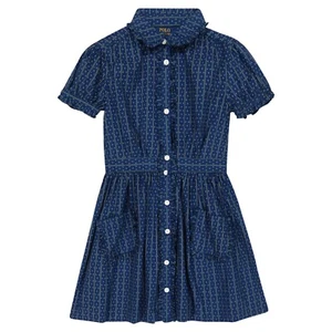 Polo Ralph Lauren Girls Navy Blue Geometric Printed Cotton Poplin Dress Size 5 - Picture 1 of 6