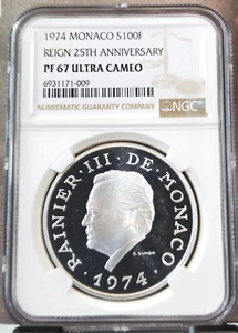 1974 MONACO SILVER 100 FRANCS RAINIER III ANNIVERSARY NGC PF 67 ULTRA CAMEO RARE - Picture 1 of 3