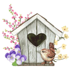 Spring Birdhouse Wild Birds Flowers Counted Cross Stitch Pattern Pixel Art Chart - Picture 1 of 4